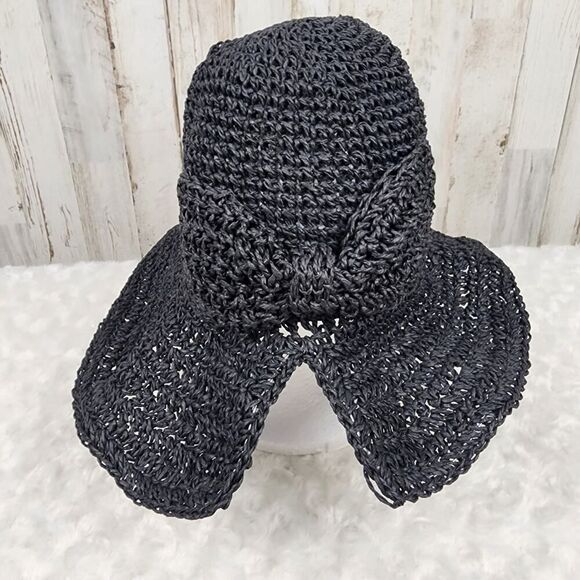 Black Wide Brim Raffia Bow Sun Hat One Size - Picture 3 of 7